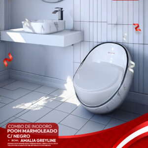 COMBO DE INODORO POOH MARMOLEADO C/ NEGRO + BOWL AMALIA GREYLINE + DESAGUE POP UP GRANDE NEGRO S/REBOSE P/BOWL CUERPO 8 CM COLA 18 CM *INCLUYE TUBO DE ABASTO DE VINIL REFORZADO F1/2*M1/2 BRONCE STONE*