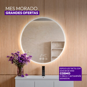 ESPEJO LED TACTIL CON SENSOR DE MVM COSMO C/ RELOJ Y ANTIAMPAÑE 60X60CM STONE