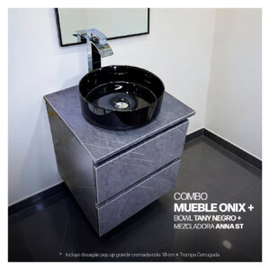 COMBO MUEBLE ONIX + BOWL TANY NEGRO + MEZCLADORA ANNA ST- + DESAGUE POP UP GRANDE CROMADO S/REBOSE + TRAMPA CORRUGADA UNIVERSAL PVC STONE (OFERTA)