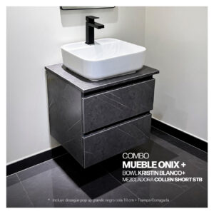 COMBO MUEBLE ONIX + BOWL KRISTIN BLANCO +MEZCLADORA COLLEN SHORT STB+ DESAGUE POP UP GRANDE NEGRO S/REBOSE + TRAMPA CORRUGADA UNIVERSAL PVC STONE
