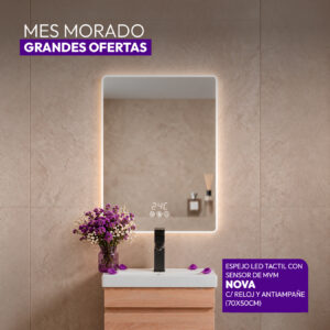 ESPEJO LED TACTIL CON SENSOR DE MVM NOVA C/ RELOJ Y ANTIAMPAÑE 70X50CM STONE