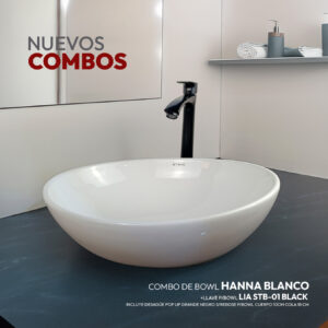 COMBO BOWL HANNA BLANCO + LLAVE P/BOWL LIA STB-01 BLACK + DESAGUE POP UP GRANDE NEGRO S/REBOSE P/BOWL CUERPO 8 CM COLA 18 CM STONE