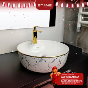 COMBO BOWL ALFIE BLANCO + CAROLINE SHORT STG + DESAGUE POP UP GRANDE DORADO S/REBOSE P/BOWL CUERPO 10CM COLA 18 CM STONE