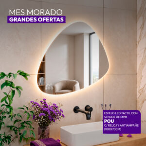 ESPEJO LED TACTIL CON SENSOR DE MVM POU C/ RELOJ Y ANTIAMPAÑE 100X70CM STONE