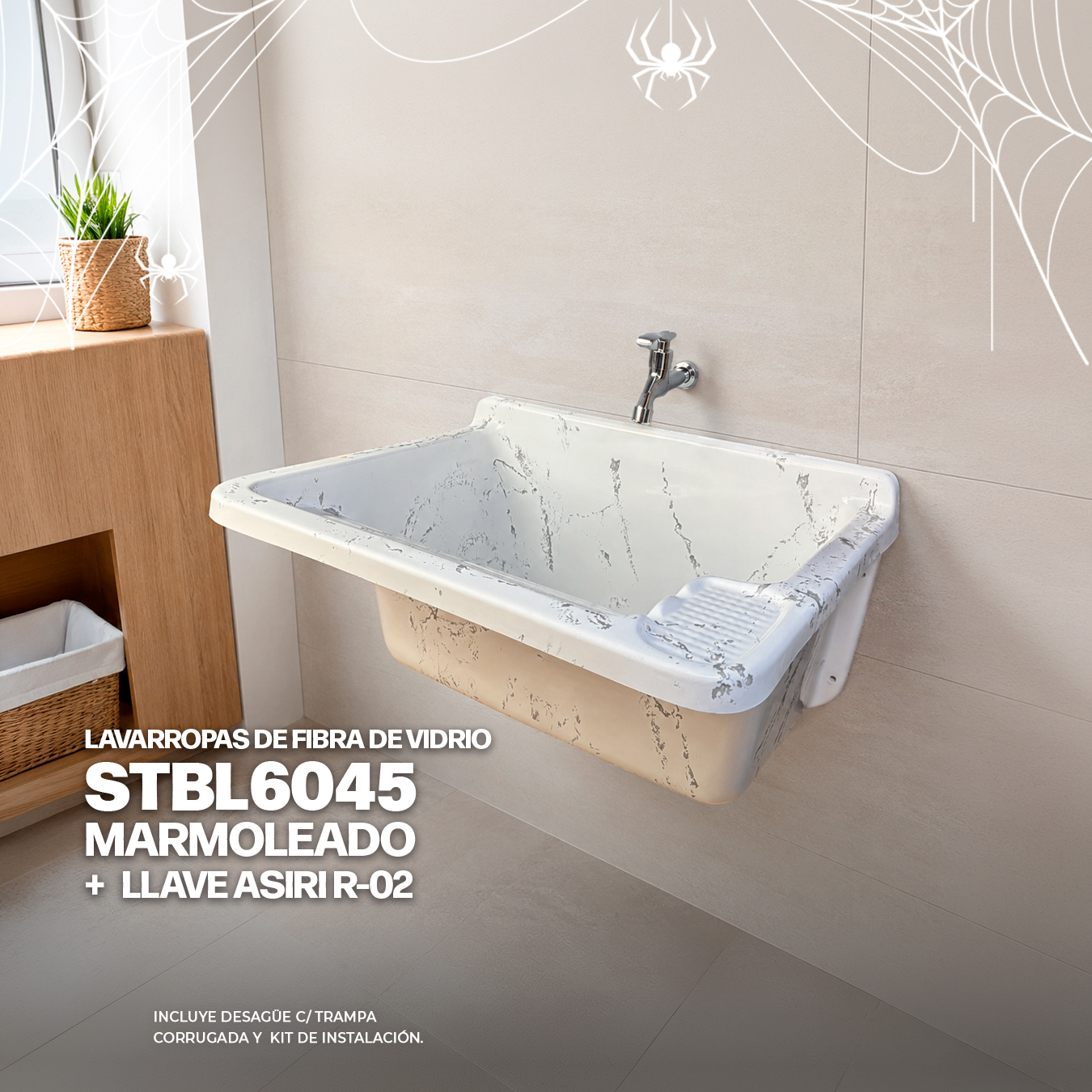 COMBO LAVARROPAS DE FIBRA DE VIDRIO STBL6045 MARMOLEADO + LLAVE ASIRI R-02 RUMI + DESAGÜE C/TRAMPA CORRUGADA *KIT DE INSTALACIÓN STONE
