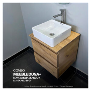 COMBO MUEBLE DUNA + BOWL AMELIA BLANCO + LLAVE CAELI ST-01 + DESAGUE POP UP GRANDE CROMADO + TRAMPA CORRUGADA UNIVERSAL PVC STONE (OFERTA)