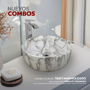 COMBO BOWL TANY MARMOLEADO + MEZCLADORA P/BOWL ANNA ST CROMADO + DESAGUE POP UP GRANDE CROMADO S/REBOSE P/BOWL CUERPO 10CM COLA 18 CM STONE
