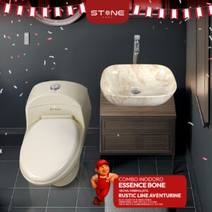 COMBO DE INODORO ESSENCE BONE + BOWL RUSTIC LINE AVENTURINE + DESAGUE POP UP GRANDE CROMADO S/REBOSE P/BOWL CUERPO 10CM COLA 18 CM STONE TUBO DE ABASTO DE ALUMINIO REFORZADO F1/2* M1/2 RUMI