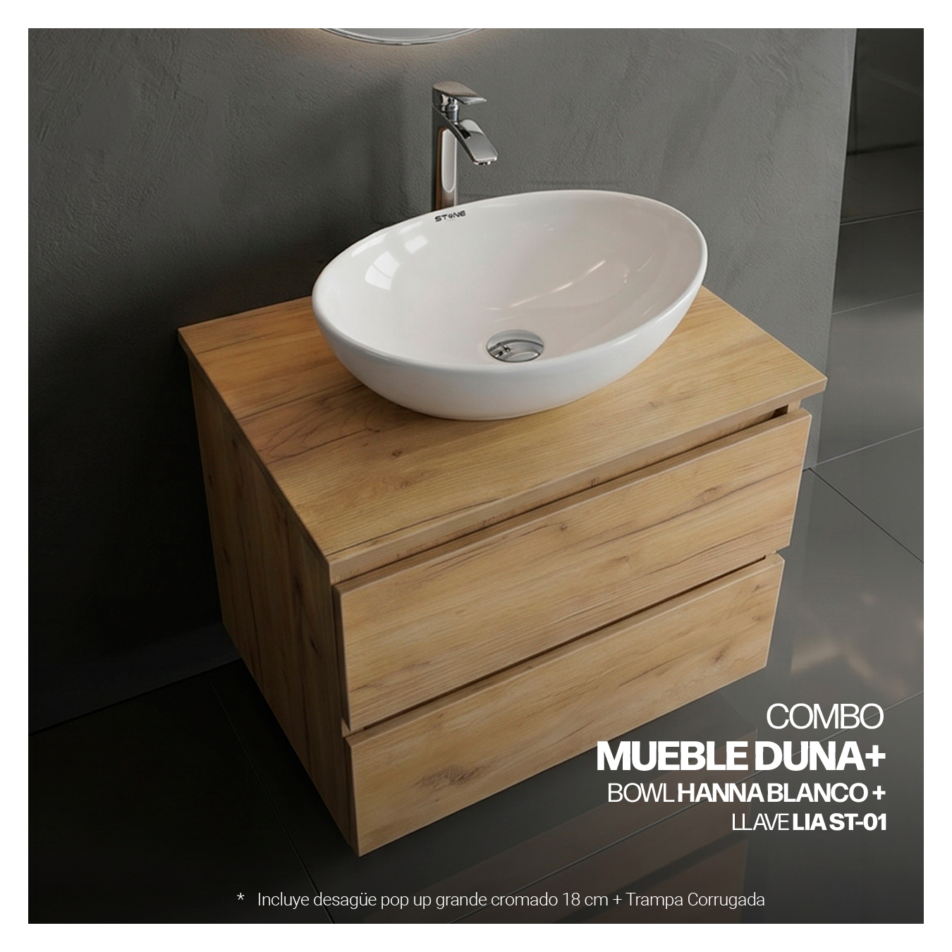 COMBO MUEBLE DUNA + BOWL HANNA BLANCO + LLAVE LIA ST-01 + DESAGUE POP UP GRANDE CROMADO S/REBOSE + TRAMPA CORRUGADA UNIVERSAL PVC STONE (OFERTA) - Imagen 3