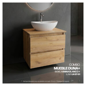 COMBO MUEBLE DUNA + BOWL HANNA BLANCO + LLAVE LIA ST-01 + DESAGUE POP UP GRANDE CROMADO S/REBOSE + TRAMPA CORRUGADA UNIVERSAL PVC STONE (OFERTA)