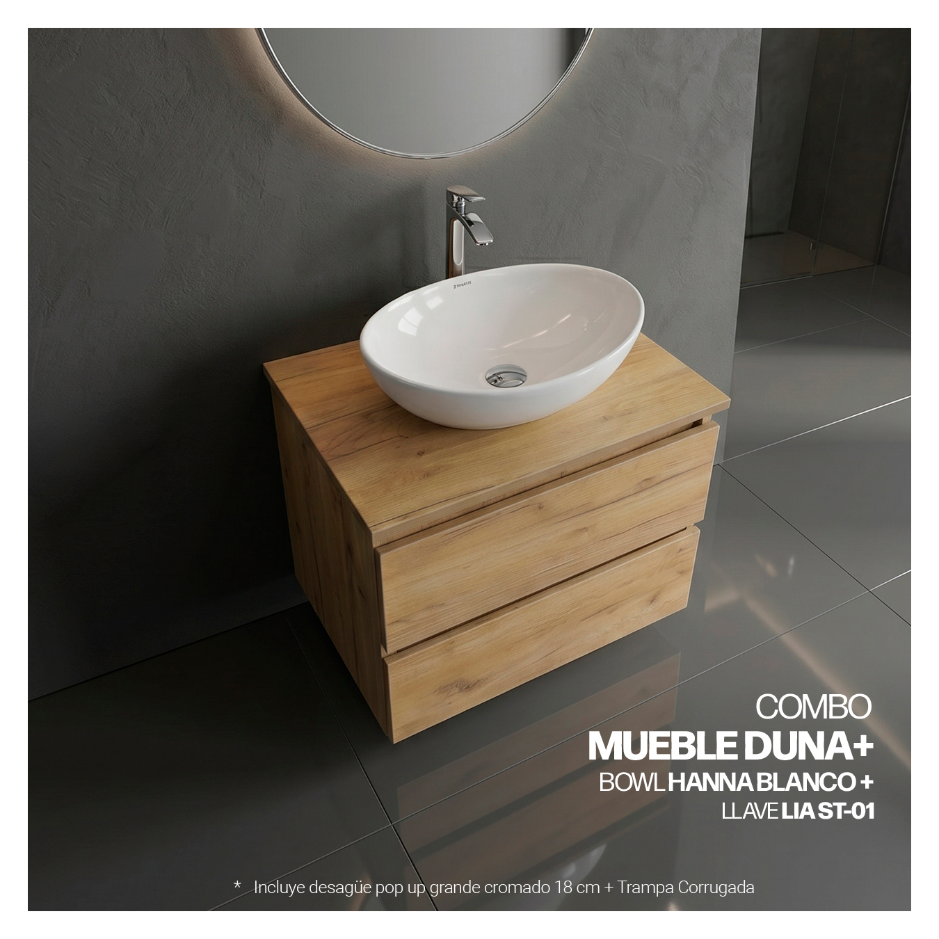 COMBO MUEBLE DUNA + BOWL HANNA BLANCO + LLAVE LIA ST-01 + DESAGUE POP UP GRANDE CROMADO S/REBOSE + TRAMPA CORRUGADA UNIVERSAL PVC STONE (OFERTA) - Imagen 2