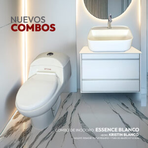 COMBO DE INODORO ONE PIECE BASIC BLANCO + BOWL KRISTIN BLANCO STONE+ DESAGUE PUP UP PEQUEÑO+ 1 TUBO DE ABASTO 1/2*1/2 RUMI