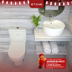 COMBO DE INODORO SANDER BLANCO + BOWL LAURE BLANCO + DESAGUE POP UP GRANDE CROMADO S/REBOSE P/BOWL CUERPO 10CM COLA 18 CM *INCLUYE TUBO DE ABASTO DE VINIL REFORZADO F1/2*M1/2 BRONCE STONE*