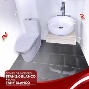 COMBO DE INODORO STAN 2.0 BLANCO + BOWL TANY BLANCO + DESAGUE POP UP GRANDE CROMADO S/REBOSE P/BOWL CUERPO 10CM COLA 18 CM INCLUYE TUBO DE ABASTO DE VINIL REFORZADO F1/2*M1/2 BRONCE STONE