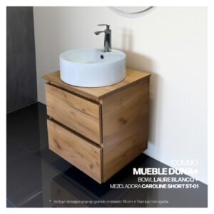 COMBO MUEBLE DUNA + BOWL LAURE BLANCO + MEZCLADORA CAROLINE SHORT ST-01 + DESAGUE POP UP GRANDE CROMADO + TRAMPA CORRUGADA UNIVERSAL PVC STONE