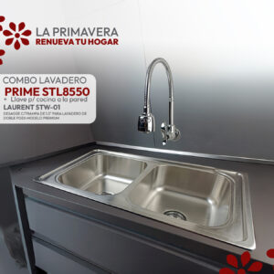 COMBO DE LAVADERO PRIME STL8550 + LLAVE P/COCINA A LA PARED LAURENT STW-01 + DESAGÜE C/TRAMPA DE 1.5" PARA LAVADERO DE DOBLE POZA MODELO PREMIUM STONE