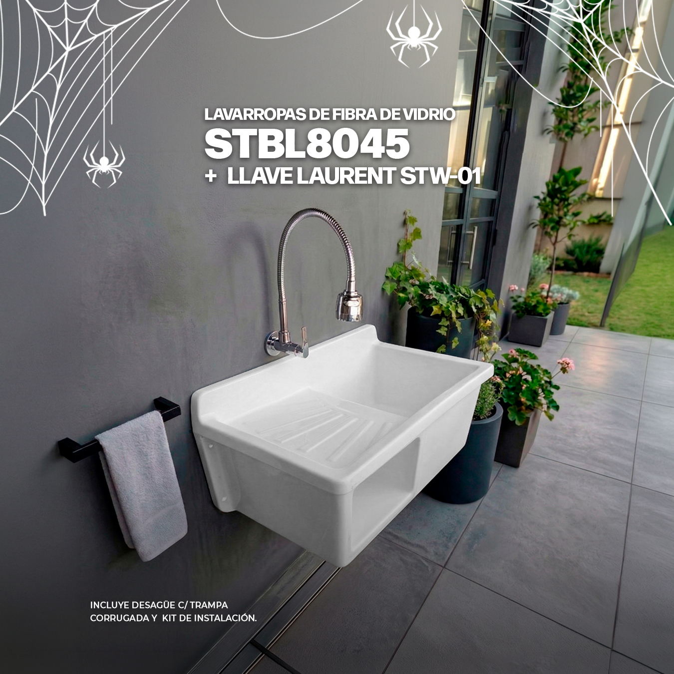 COMBO LAVARROPAS DE FIBRA DE VIDRIO STBL8045 + LLAVE LAURENT STW-01 STONE + DESAGÜE C/TRAMPA CORRUGADA *KIT DE INSTALACIÓN STONE
