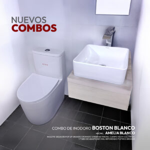 COMBO DE INODORO BOSTON BLANCO + BOWL AMELIA BLANCO + DESAGUE POP UP GRANDE CROMADO S/REBOSE P/BOWL CUERPO 10CM COLA 18 CM INCLUYE TUBO DE ABASTO DE VINIL REFORZADO F1/2*M1/2 BRONCE STONE