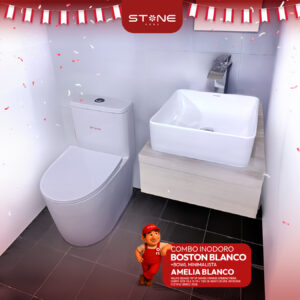 COMBO DE INODORO BOSTON BLANCO + BOWL AMELIA BLANCO + DESAGUE POP UP GRANDE CROMADO S/REBOSE P/BOWL CUERPO 10CM COLA 18 CM INCLUYE TUBO DE ABASTO DE VINIL REFORZADO F1/2*M1/2 BRONCE STONE
