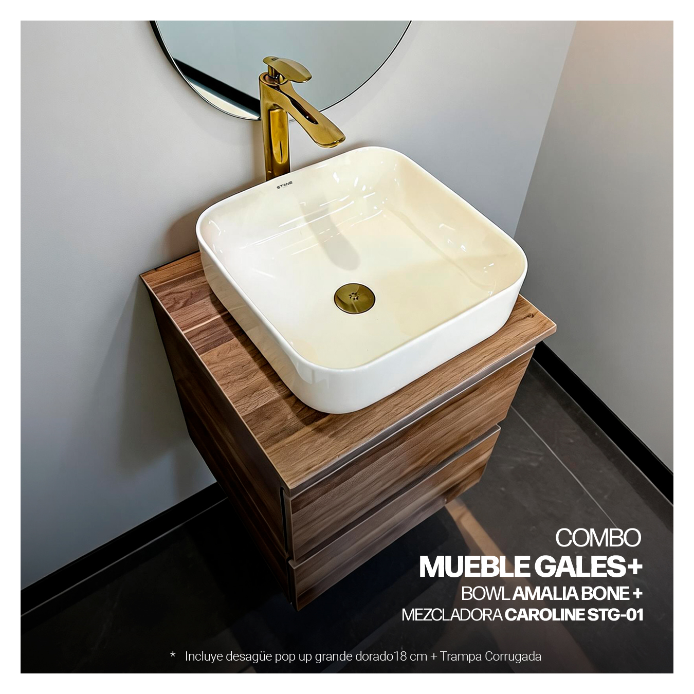 COMBO MUEBLE GALES + BOWL AMALIA BONE + MEZCLADORA P/BOWL CAROLINE STG-01 + DESAGUE POP UP GRANDE DORADO S/REBOSE + TRAMPA CORRUGADA UNIVERSAL PVC STONE - Imagen 4