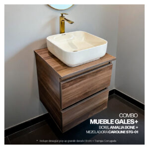 COMBO MUEBLE GALES + BOWL AMALIA BONE + MEZCLADORA P/BOWL CAROLINE STG-01 + DESAGUE POP UP GRANDE DORADO S/REBOSE  + TRAMPA CORRUGADA UNIVERSAL PVC STONE