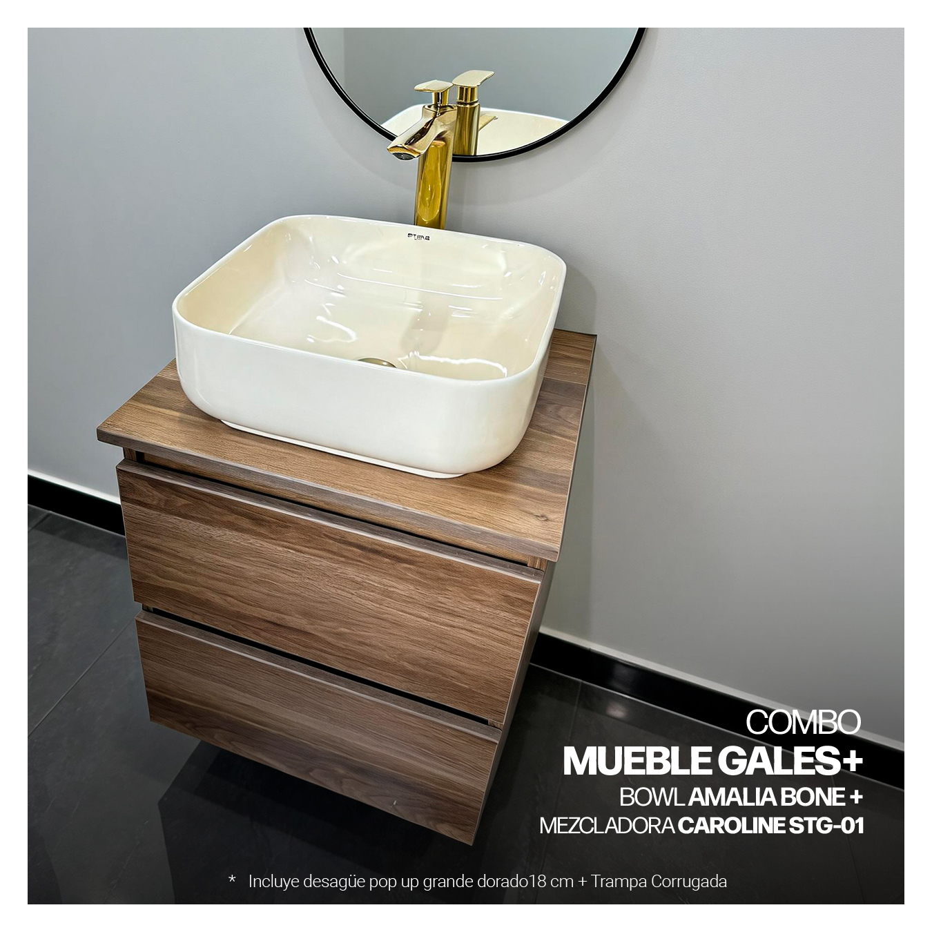 COMBO MUEBLE GALES + BOWL AMALIA BONE + MEZCLADORA P/BOWL CAROLINE STG-01 + DESAGUE POP UP GRANDE DORADO S/REBOSE + TRAMPA CORRUGADA UNIVERSAL PVC STONE - Imagen 2