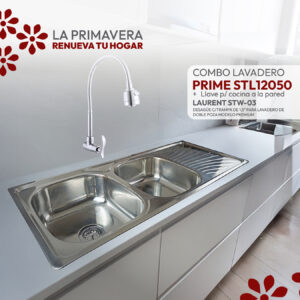 COMBO DE LAVADERO PRIME STL12050 + LLAVE P/COCINA A LA PARED LAURENT STW-03 + DESAGÜE C/TRAMPA DE 1.5" PARA LAVADERO DE DOBLE POZA MODELO PREMIUM STONE
