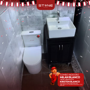 COMBO DE INODORO MILAN BLANCO + BOWL KRISTEN BLANCO + DESAGUE POP UP GRANDE CROMADO S/REBOSE P/BOWL CUERPO 10CM COLA 18 CM STONE *INCLUYE TUBO DE ABASTO DE VINIL REFORZADO F1/2 X M1/2 STONE*