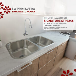 COMBO DE LAVADERO SIGNATURE STP8246 + LLAVE P/COCINA A LA PARED LAURENT STW-01 + DESAGÜE C/TRAMPA DE 1.5" PARA LAVADERO DE DOBLE POZA MODELO PREMIUM STONE