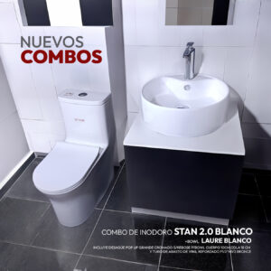 COMBO DE INODORO STAN 2.0 BLANCO + BOWL LAURE BLANCO + DESAGUE POP UP GRANDE CROMADO S/REBOSE P/BOWL CUERPO 10CM COLA 18 CM INCLUYE TUBO DE ABASTO DE VINIL REFORZADO F1/2*M1/2 BRONCE STONE