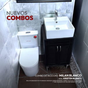 COMBO DE INODORO MILAN BLANCO + BOWL KRISTEN BLANCO + DESAGUE POP UP GRANDE CROMADO S/REBOSE P/BOWL CUERPO 10CM COLA 18 CM STONE *INCLUYE TUBO DE ABASTO DE VINIL REFORZADO F1/2 X M1/2 STONE*