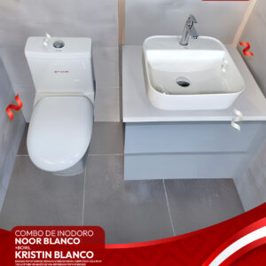 COMBO DE INODORO NOOR BLANCO + BOWL KRISTIN BLANCO + DESAGUE POP UP GRANDE CROMADO S/REBOSE P/BOWL CUERPO 10CM COLA 18 CM *INCLUYE TUBO DE ABASTO DE VINIL REFORZADO F1/2*M1/2 BRONCE STONE*