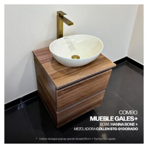 COMBO MUEBLE GALES + BOWL HANNA BONE + MEZCLADORA P/BOWL COLLEN STG-01 DORADO + DESAGUE POP UP GRANDE DORADO S/REBOSE + TRAMPA CORRUGADA UNIVERSAL PVC STONE (OFERTA)