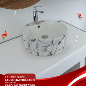 COMBO BOWL LAURE MARMOLEADO + MEZCLADORA CAROLINE SHORT ST-01 + DESAGUE POP UP GRANDE CROMADO S/REBOSE P/BOWL CUERPO 10CM COLA 18 CM