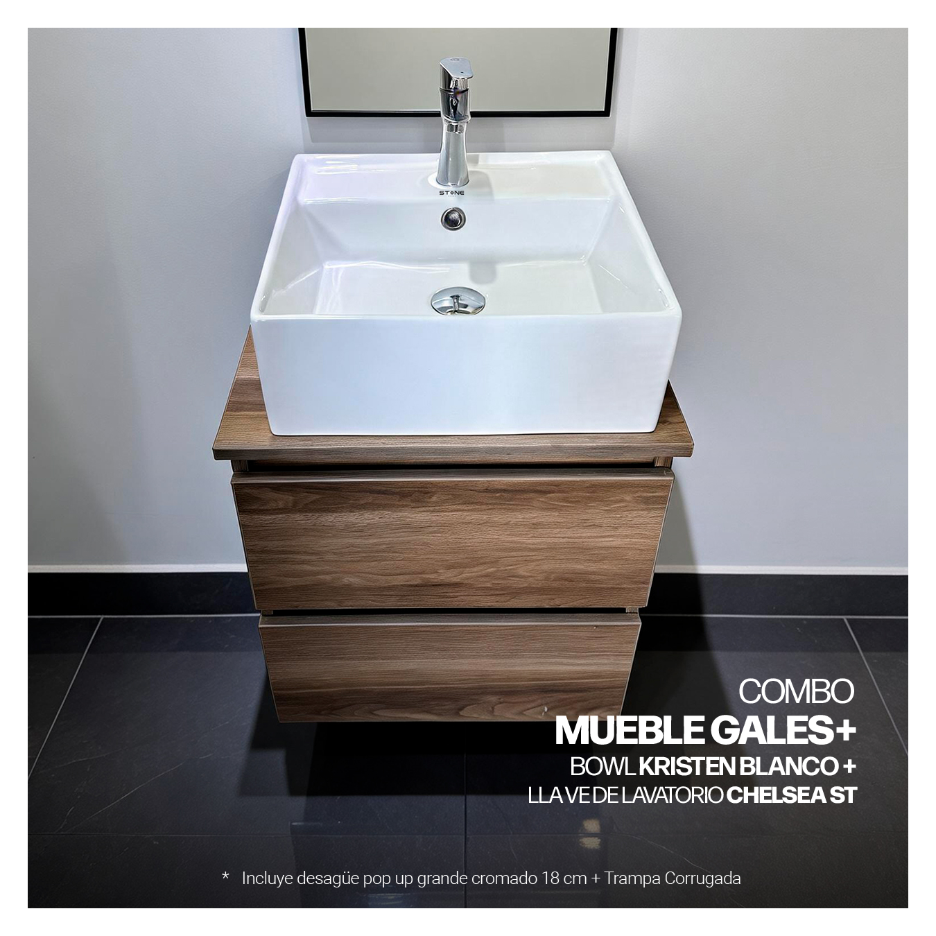 COMBO MUEBLE GALES + BOWL KRISTEN BLANCO + LLAVE P/LAVATORIO CHELSEA ST-01 + DESAGUE POP UP GRANDE CROMADO + TRAMPA CORRUGADA UNIVERSAL PVC STONE - Imagen 4