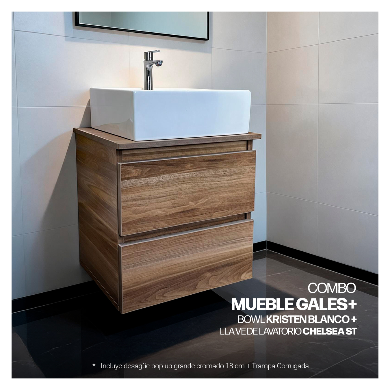 COMBO MUEBLE GALES + BOWL KRISTEN BLANCO + LLAVE P/LAVATORIO CHELSEA ST-01 + DESAGUE POP UP GRANDE CROMADO + TRAMPA CORRUGADA UNIVERSAL PVC STONE - Imagen 2