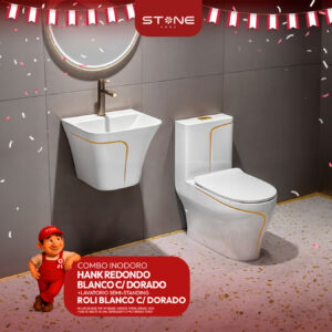 COMBO DE INODORO HANK REDONDO BLANCO C/ DORADO + LAVATORIO SEMI-STANDING ROLI BLANCO C/DORADO + DESAGUE POP UP GRANDE S/REBOSE P/BOWL DORADO 18CM *INCLUYE TUBO DE ABASTO DE VINIL REFORZADO F1/2*M1/2 BRONCE STONE*