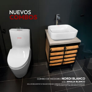 COMBO DE INODORO NORDI BLANCO + BOWL AMALIA BLANCO + DESAGUE POP UP GRANDE CROMADO S/REBOSE P/BOWL CUERPO 10CM COLA 18 CM *INCLUYE TUBO DE ABASTO DE VINIL REFORZADO F1/2*M1/2 BRONCE STONE*