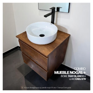 COMBO MUEBLE NOGAL + TANY BLANCO + LLAVE CAELI STB + DESAGUE POP UP GRANDE NEGRO S/REBOSE  + TRAMPA CORRUGADA UNIVERSAL PVC STONE