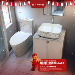 COMBO DE INODORO NORDI MARMOLEADO + BOWL AMALIA THASOS + DESAGUE POP UP GRANDE CROMADO S/REBOSE P/BOWL CUERPO 10CM COLA 18 CM *INCLUYE TUBO DE ABASTO DE VINIL REFORZADO F1/2*M1/2 BRONCE STONE*