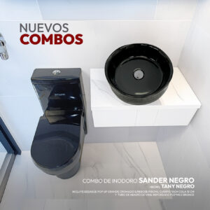 COMBO DE INODORO SANDER NEGRO + BOWL TANY NEGRO + DESAGUE POP UP GRANDE CROMADO S/REBOSE P/BOWL CUERPO 10CM COLA 18 CM *INCLUYE TUBO DE ABASTO DE VINIL REFORZADO F1/2*M1/2 BRONCE STONE*
