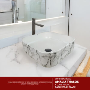 COMBO BOWL AMALIA THASOS + LLAVE P/BOWL CAELI STB-01 BLACK + DESAGUE POP UP GRANDE NEGRO S/REBOSE P/BOWL CUERPO 8 CM COLA 18 CM STONE
