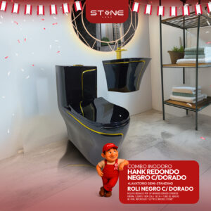COMBO DE INODORO HANK REDONDO NEGRO C/DORADO + LAVATORIO SEMI-STANDING ROLI NEGRO C/ DORADO STONE + DESAGUE POP UP GRANDE DORADO S/REBOSE P/BOWL CUERPO 10CM COLA 18 CM *INCLUYE TUBO DE ABASTO DE VINIL REFORZADO F1/2*M1/2 BRONCE STONE*