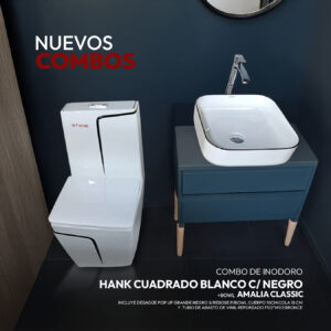 COMBO DE INODORO HANK CUADRADO BLANCO C/ NEGRO + BOWL AMALIA CLASSIC + DESAGUE POP UP GRANDE NEGRO S/REBOSE P/BOWL CUERPO 8 CM COLA 18 CM *INCLUYE TUBO DE ABASTO DE VINIL REFORZADO F1/2*M1/2 BRONCE STONE*