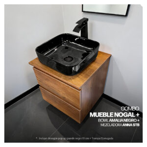 COMBO MUEBLE NOGAL + BOWL AMALIA NEGRO + MEZCLADORA ANNA STB + DESAGUE POP UP GRANDE NEGRO S/REBOSE + TRAMPA CORRUGADA UNIVERSAL PVC STONE