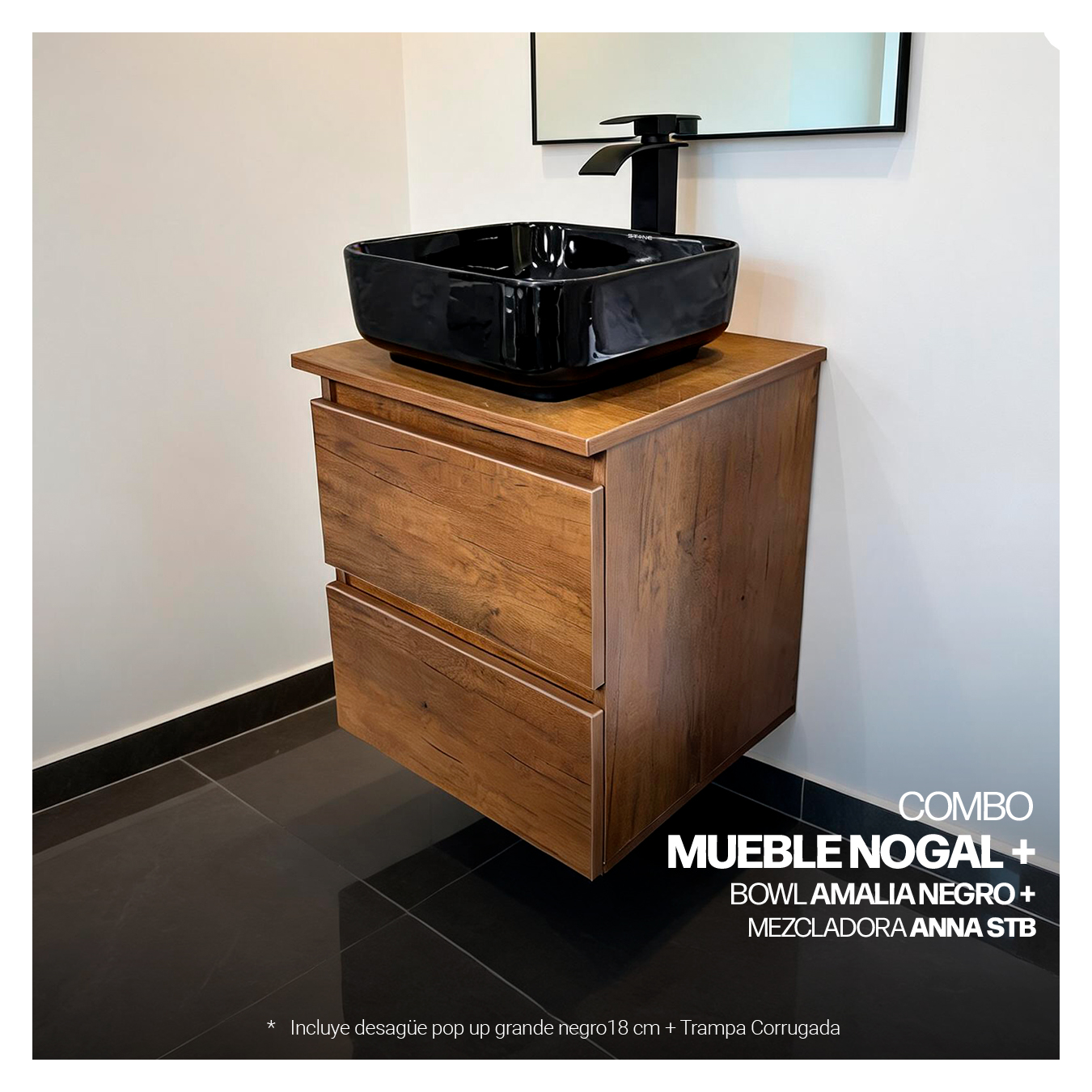 COMBO MUEBLE NOGAL + BOWL AMALIA NEGRO + MEZCLADORA ANNA STB + DESAGUE POP UP GRANDE NEGRO S/REBOSE + TRAMPA CORRUGADA UNIVERSAL PVC STONE - Imagen 3