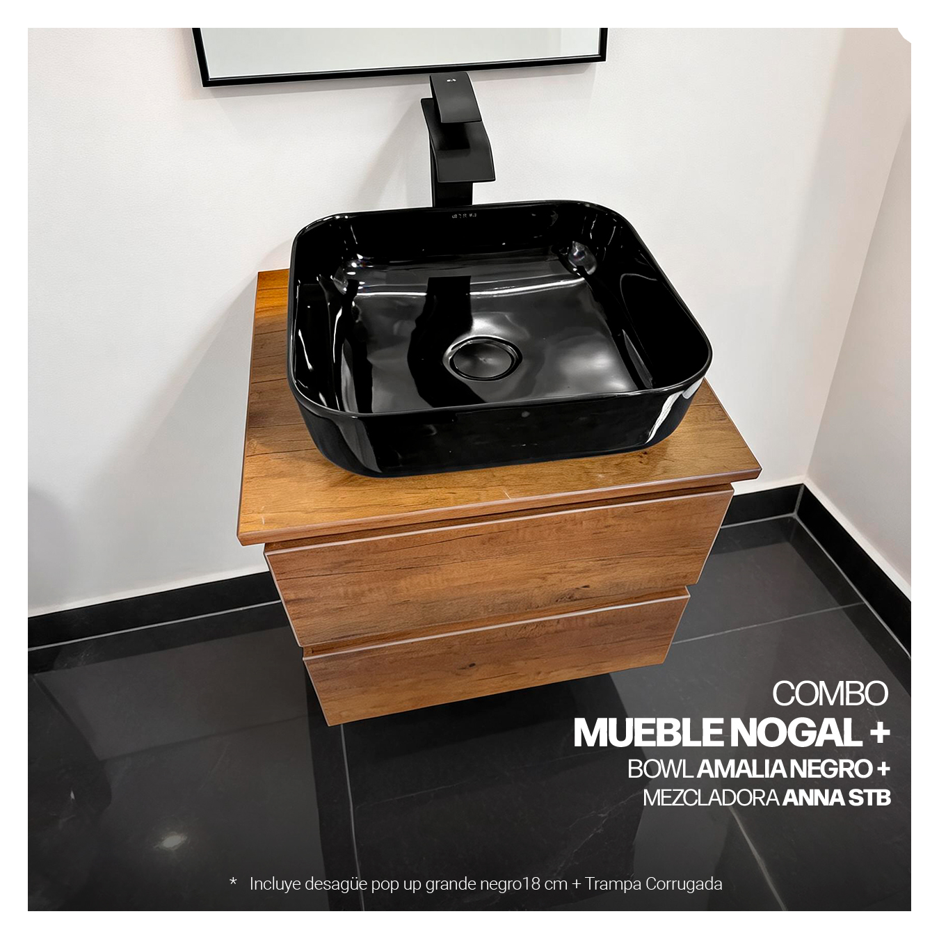 COMBO MUEBLE NOGAL + BOWL AMALIA NEGRO + MEZCLADORA ANNA STB + DESAGUE POP UP GRANDE NEGRO S/REBOSE + TRAMPA CORRUGADA UNIVERSAL PVC STONE - Imagen 2