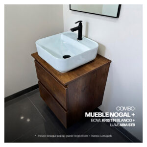 COMBO MUEBLE NOGAL + BOWL KRISTIN BLANCO + ARIA STB+ DESAGUE POP UP GRANDE NEGRO S/REBOSE  + TRAMPA CORRUGADA UNIVERSAL PVC STONE (OFERTA)