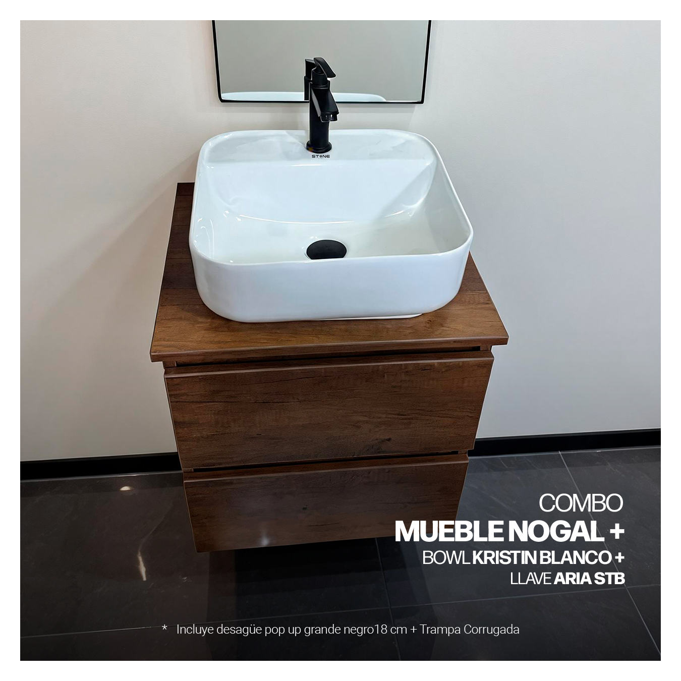 COMBO MUEBLE NOGAL + BOWL KRISTIN BLANCO + ARIA STB+ DESAGUE POP UP GRANDE NEGRO S/REBOSE + TRAMPA CORRUGADA UNIVERSAL PVC STONE (OFERTA) - Imagen 3