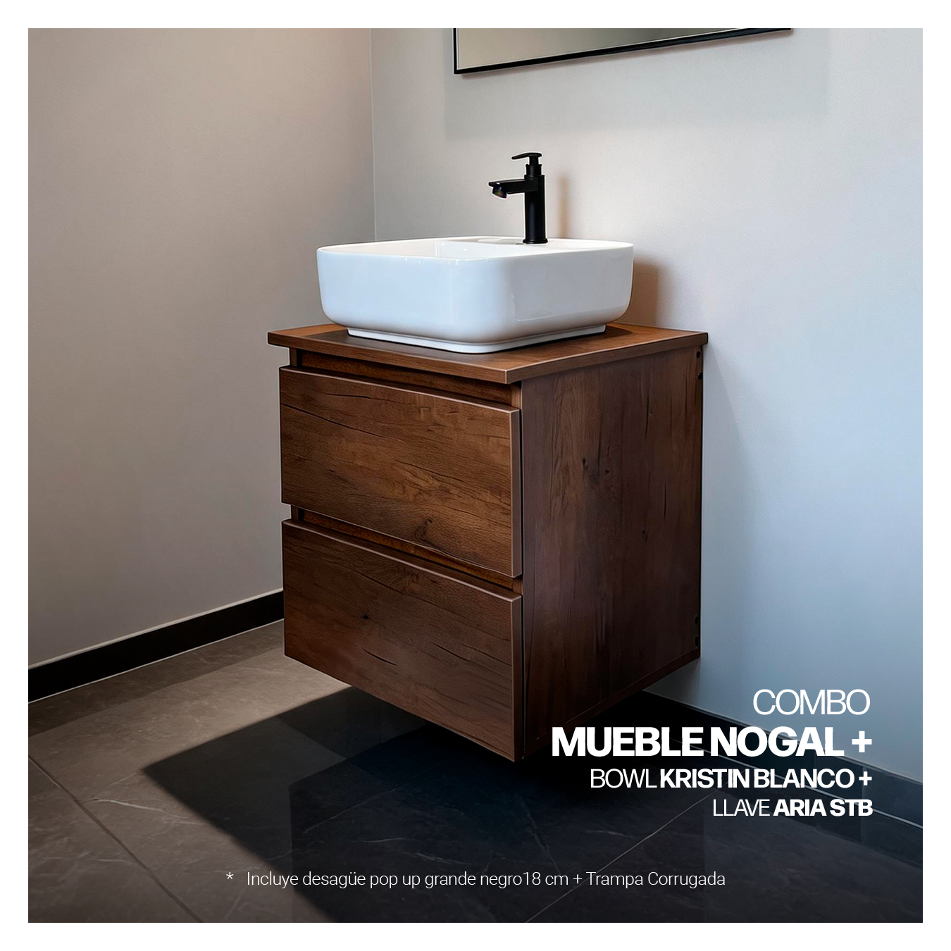 COMBO MUEBLE NOGAL + BOWL KRISTIN BLANCO + ARIA STB+ DESAGUE POP UP GRANDE NEGRO S/REBOSE + TRAMPA CORRUGADA UNIVERSAL PVC STONE (OFERTA) - Imagen 2